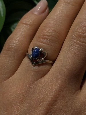14K White Gold Blue Star Sapphire Heart Ring Size 5.5