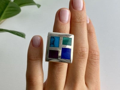 925 Sterling Silver Multicolor Agate Ring Size 5.5