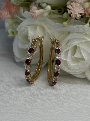 925 Sterling Silver Gold Plated Ruby & Beryl Earrings Length 1.10 Inch