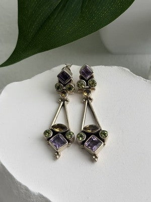 925 Sterling Silver Amethyst Peridot Citrine Earrings