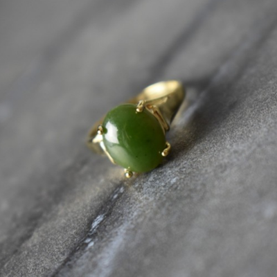 925 Sterling Silver Gold Plated Green Jade Ring Size 6.5