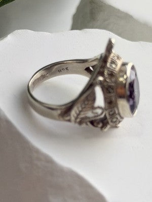 925 Sterling Silver Turtle Amethyst & Marcasite Ring Size 6