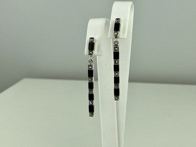 925 Sterling Silver Black Nephrite & Marcasites Earrings