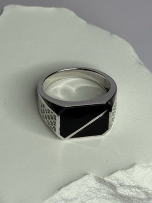 925 Sterling Silver Black Enamel & CZ Men's Ring Size 11