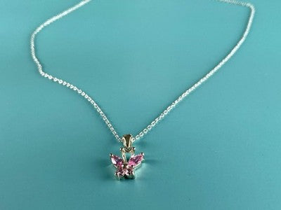 925 Sterling Silver Pink CZ "Butterfly" Chain With Pendant Italy