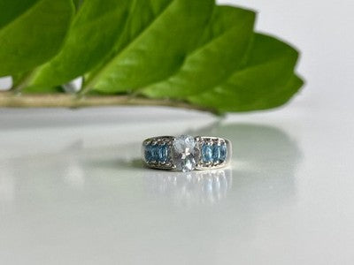 925 Sterling Silver Aquamarines Ring Size 8