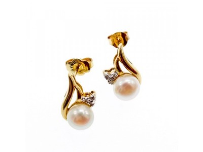 14K Yellow Gold Pearl & Diamonds Earrings