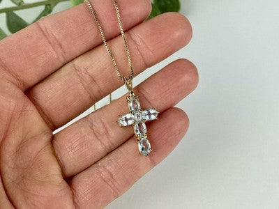925 Sterling Silver Gold Plated Blue Spinel Chain With Cross