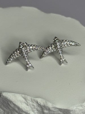 925 Sterling Silver Swallow Stud Earrings CZ Length 0.55 Inch