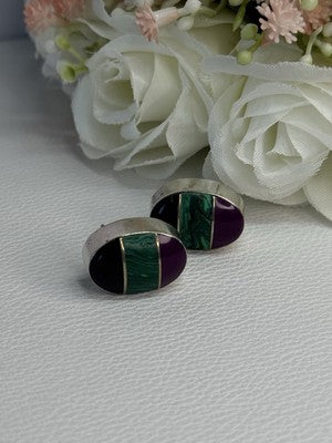 Vintage 925 Sterling Silver Onyx Malachite Agate Earrings Length 0.75 Inch
