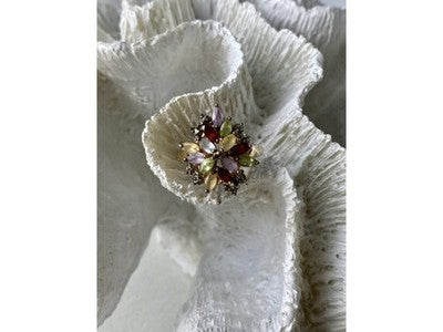 925 Sterling Silver Gold Plated Multi Gemstones "Flower" Ring Size 8