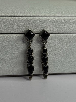 Vintage Jeneva J.A. 925 Sterling Silver Black Onyx Earrings Length 1.60 Inch