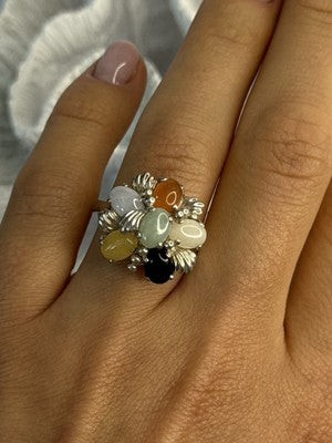 925 Sterling Silver 6 Colors Of Jade Flower Ring Size 8, 9