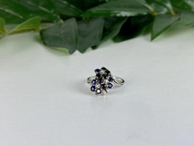 925 Sterling Silver Sapphire & CZ "Flowers" Ring Size 6.75