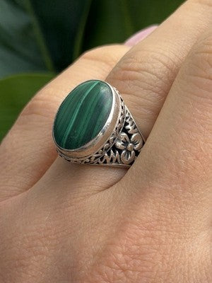 Vintage 925 Sterling Silver Malachite Ring Size 7