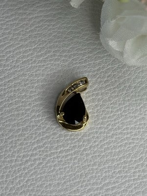 10K Yellow Gold Black Sapphire & Diamonds Pendant Length 0.60 Inch
