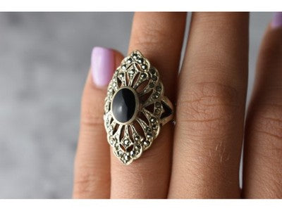 925 Sterling Silver Black Tourmaline & Marcasites Ring Size 6