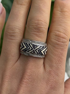 JWBR 925 Sterling Silver Enamel Zebra Stripe Diamonds Ring Size 8