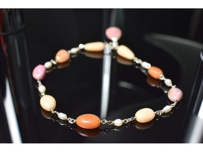 925 Sterling Silver Rose Quartz, Yellow Agate and Orange Carnelian Necklace