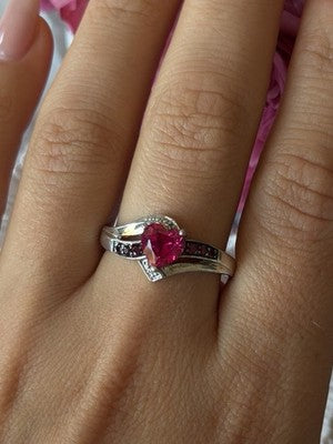 925 Sterling Silver Pink Sapphire Heart Ring Size 10