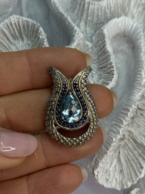 925 Sterling Silver 18k Yellow Gold Topaz & Sapphire Pendant Length 1.3 Inch