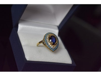 925 Sterling Silver Gold Plated Blue Alpanite, Turquoise & CZ Ring Size 8