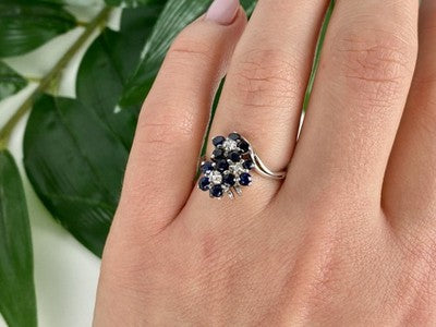 925 Sterling Silver Sapphire & CZ "Flowers" Ring Size 6.75