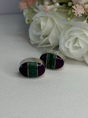 Vintage 925 Sterling Silver Onyx Malachite Agate Earrings Length 0.75 Inch