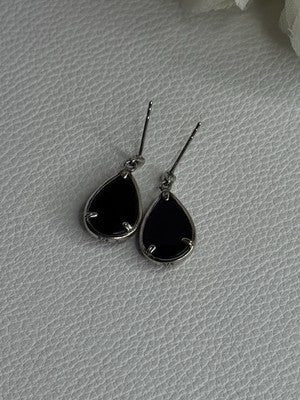 Elegant 925 Sterling Silver Black Onyx & Diamonds Earrings Length 0.80 Inch