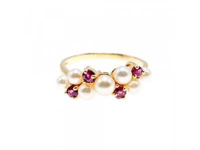 14K Yellow Gold Pearl & Rubies Ring Size 6.5