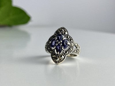 Vintage 925 Sterling Silver Amethyst & Marcasites Ring Size 5.5