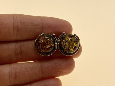 Vintage 925 Sterling Silver Amber Stud Earrings Italy