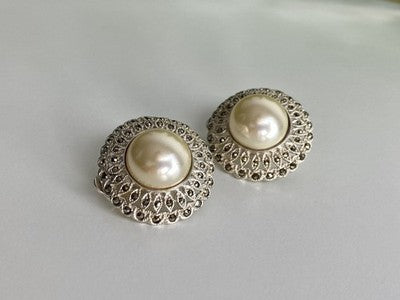 Vintage 925 Sterling Silver Pearl & Marcasites Clip-On Earrings