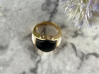 925 Sterling Silver Gold Plated Black Jade, Mother Of Pearl & CZ Ring Size 7