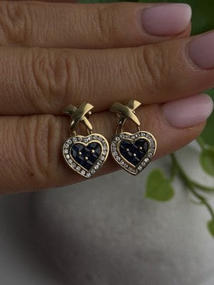 Romantic 14K Yellow Gold Heart Sapphire & Diamond Earrings