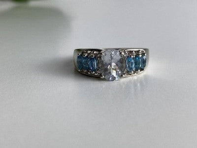 925 Sterling Silver Aquamarines Ring Size 8
