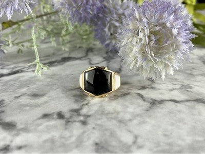 925 Sterling Silver Gold Plated Black Jade, Mother Of Pearl & CZ Ring Size 7