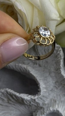 Floral Halo 925 Sterling Silver Gold Plated Clear Cz Ring Size 6.5