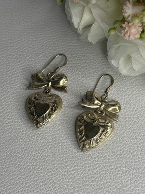 Vintage 925 Sterling Silver Heart Earrings Length 1.70 Inch