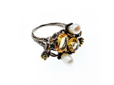 925 Sterling Blackened Silver Citrine, Peridot and Pearls Ring Size 7