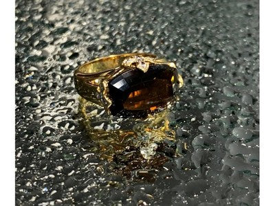 925 Sterling Silver Gold Plated Hessonite & Diamonds Ring Size 5.5