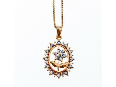 925 Sterling Silver Gold Plated Sapphires "Flower" Chain With Pendant Italy