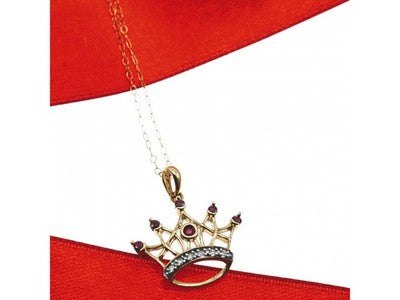 10K Yellow Gold Rubies & Diamonds Crown Chain With Pendant