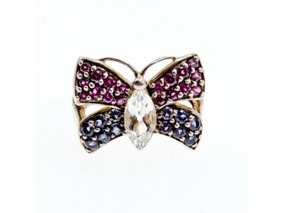 925 Sterling Silver White Topaz, Spinel & Tourmaline "Butterfly" Ring Size 8.5