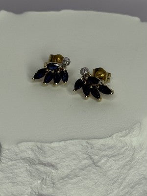 14K Yellow Gold Sapphire & Diamond Dream Earrings Length 0.4 Inch
