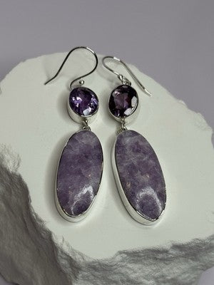925 Sterling Silver Lepidolite & Amethyst Earrings Length 2.5 Inch