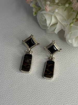 925 Sterling Silver Abalone & Onyx Earrings Length 1.50 Inch
