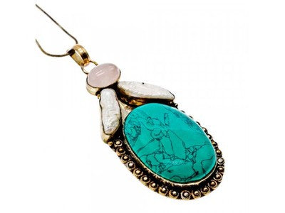 925 Sterling Silver Turquoise, Rose Quartz and Baroque Pearl Chain with Pendant