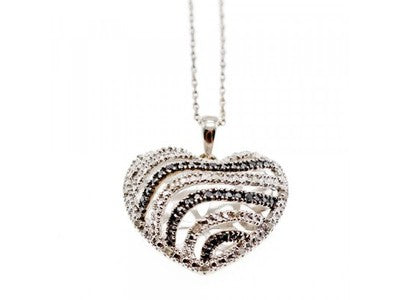 925 Sterling Silver White & Black CZ Heart Chain With Pendant