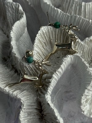 925 Sterling Silver Malachite Deer Earrings Length 1.40 Inch